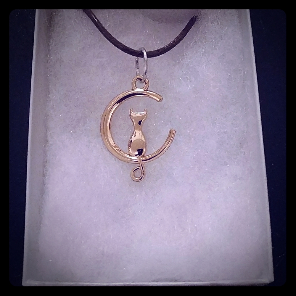 Gold Cat In Moon Necklace